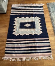 Vintage Southwestern Wool Rug Aztec Navy Pink Fringe 46x71