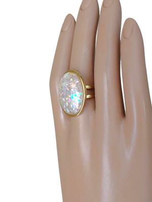 Opal Ring 18x25mm Creamy Resin Opal ; 18-Karat Gold-Plated, Stainless-Steel Band