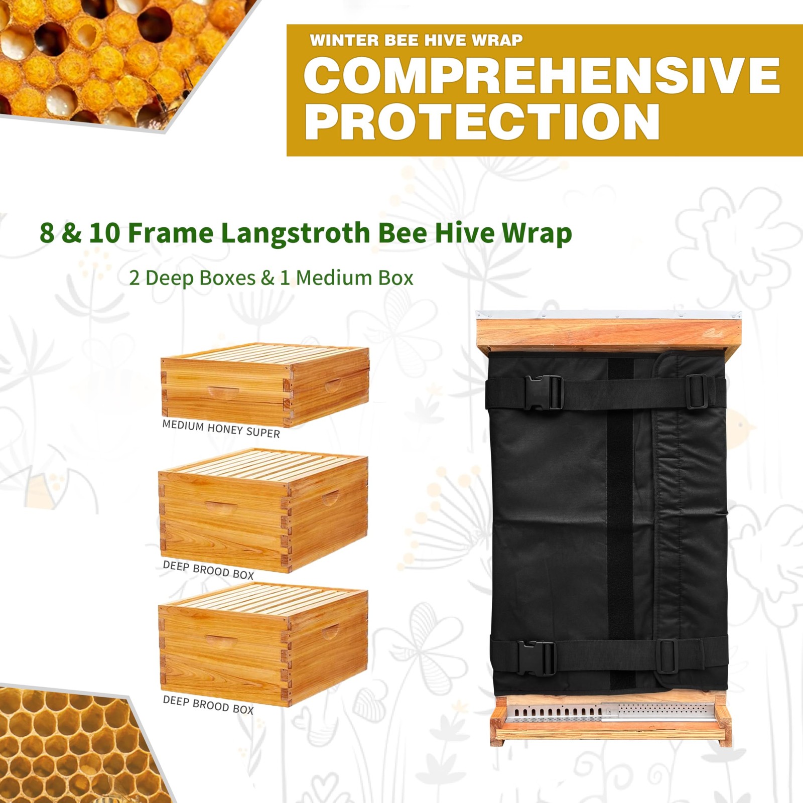 Winter Bee Hive Wrap for 8 and 10 Frame Hives, Adjustable Beehive Wrap Beekee...