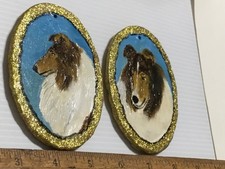 2 Handmade Wooden Handpainted SABLE COLLIE Cameos/Ornaments/Magnets/Plaques