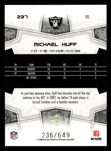 2008 Score #237 Michael Huff Scorecard SP #d /649! RAIDERS - Picture 2 of 2