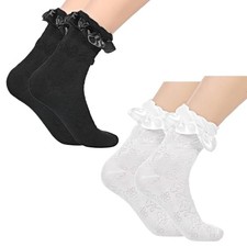 2 Pairs Women Lace Socks, Soft Lace Ruffle Ankle Socks, Black and White Frilly