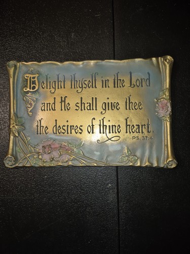 Vtg 1928 A.E. Mitchell Art Co Psalm 37:4 Cast Metal Wall Plaque Religious #144