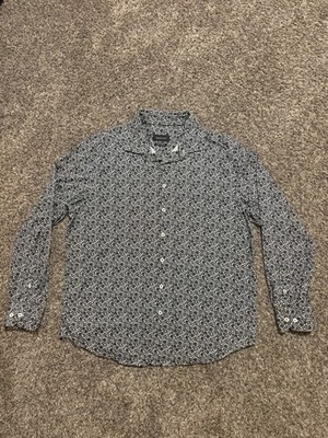Bugatchi Stretch Cotton Floral Button-Up Shirt XL Black/White Long Sleeve