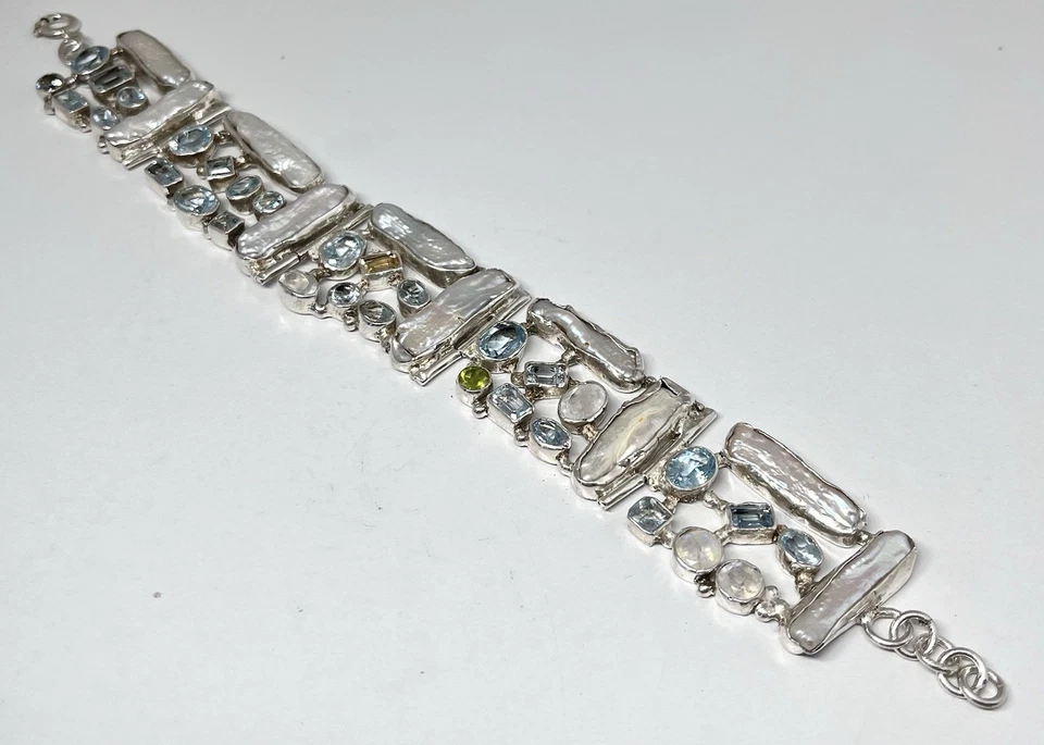 925 Sterling Silver Bracelet 8.5” Genuine Pearl Blue Topaz Peridot Quartz Gems - Image 2 of 4