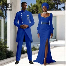 African Couple Clothes Men Long Jacket Pants Set Women Maxi Dress with Headwrap