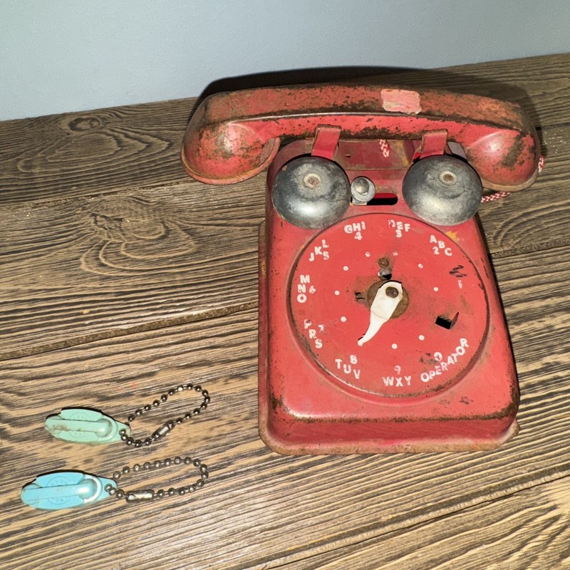 Vintage 1950s Red Tin Toy Phone + Turquoise Princess Keychains Pair Retro Lot 3!