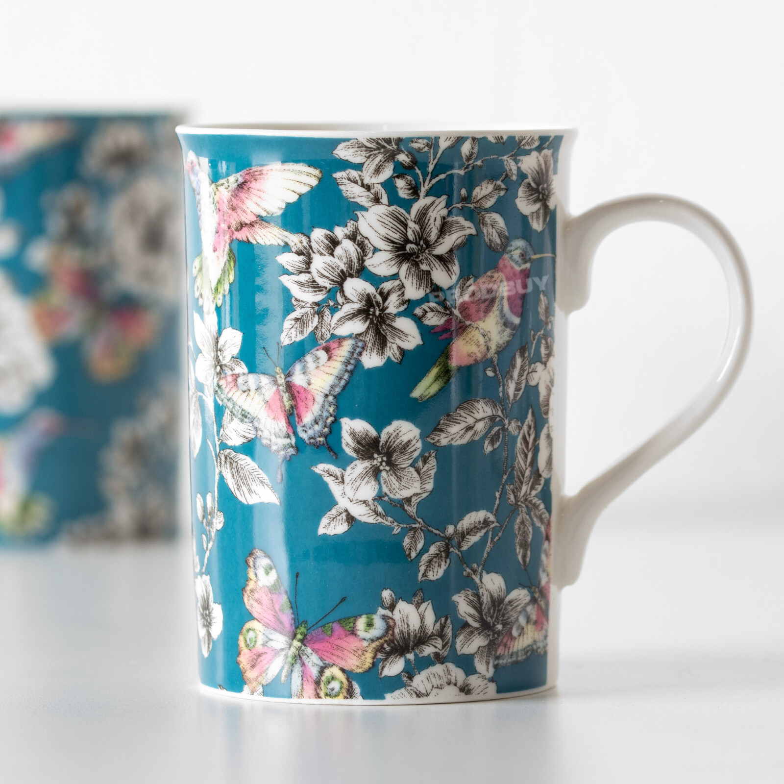 Set of 6 White & Blue Floral Hummingbird Coffee Mugs 300ml Fine China