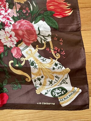 新品タグ付き　CLANE SCARF FLOWER RIBBON TOPS Liz Claiborne Scarf 100% Silk Ribbons Roses Tulips Floral Brown