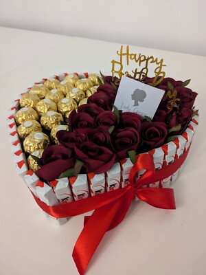 Schokolade Kinder Ferrero Rocher Geburtstag Herz Seidenblumen - Geschenkkorb 
