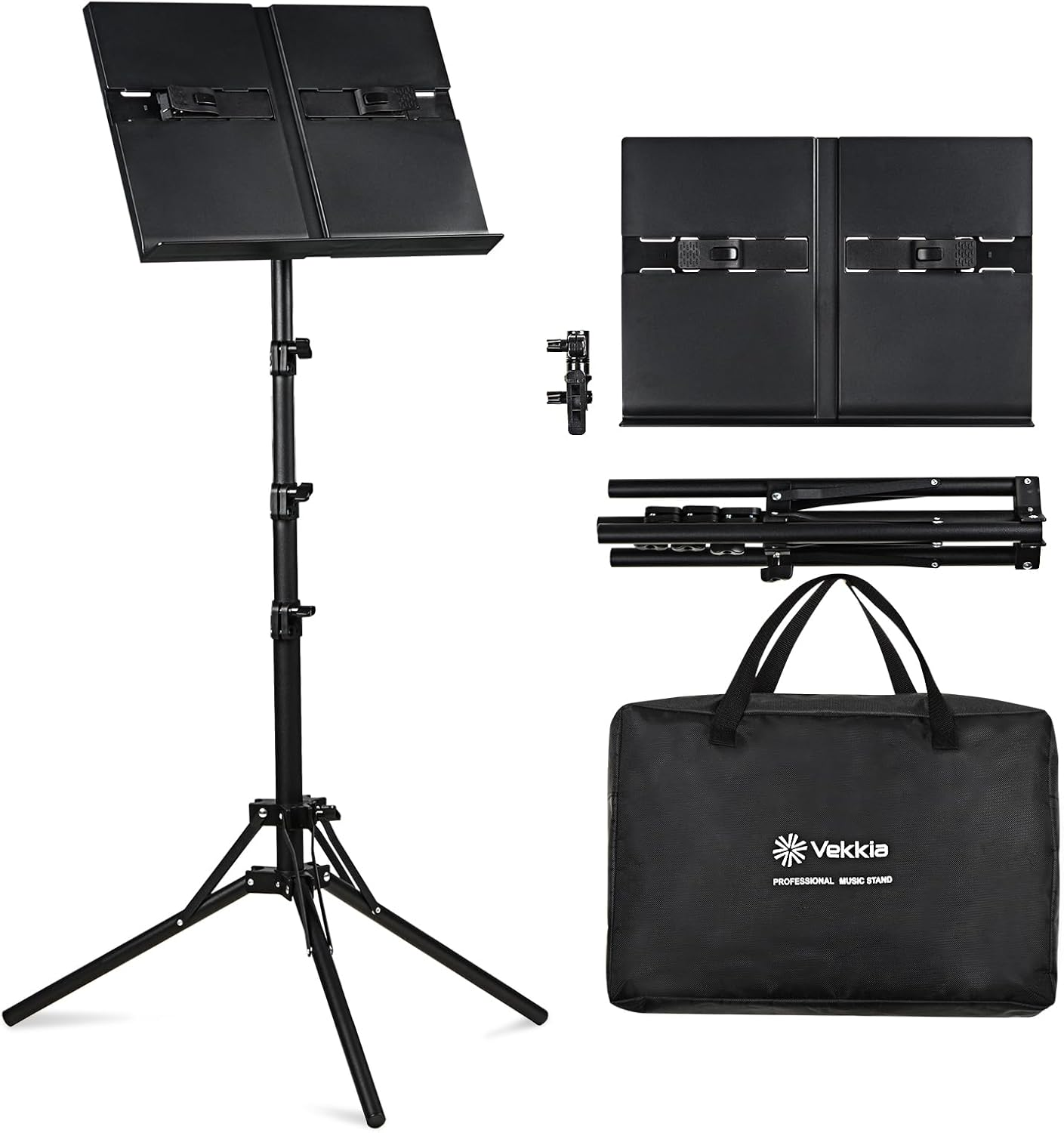 Music Stand - Lightweight, Foldable & Adjustable with Panel Extension Clip and C