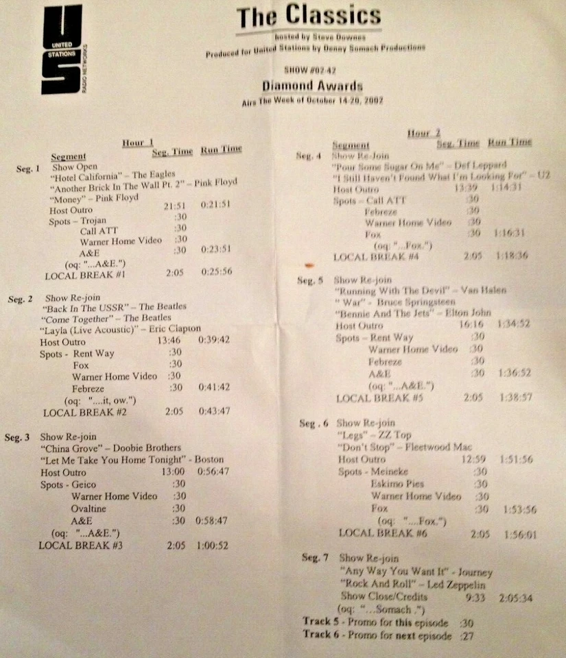 RADIO SHOW: CLASSICS DIAMONDS 10/14/02 PINK FLOYD, U2,BEATLES,BOSTON,DEF LEPPARD - Image 2 of 2