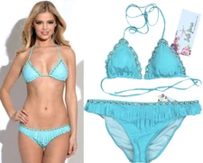 Luli Fama Rabiosa Studded Triangle Top M & Fringe Bottom XL Swimsuit Bikini Set