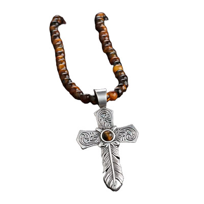Silver Strike Men's Tigers Eye Engraved Silver Cross Necklace D47012