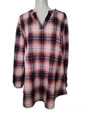 Win Win Beige Red plaid Button Sleeve Soft Tunic Top L/XL