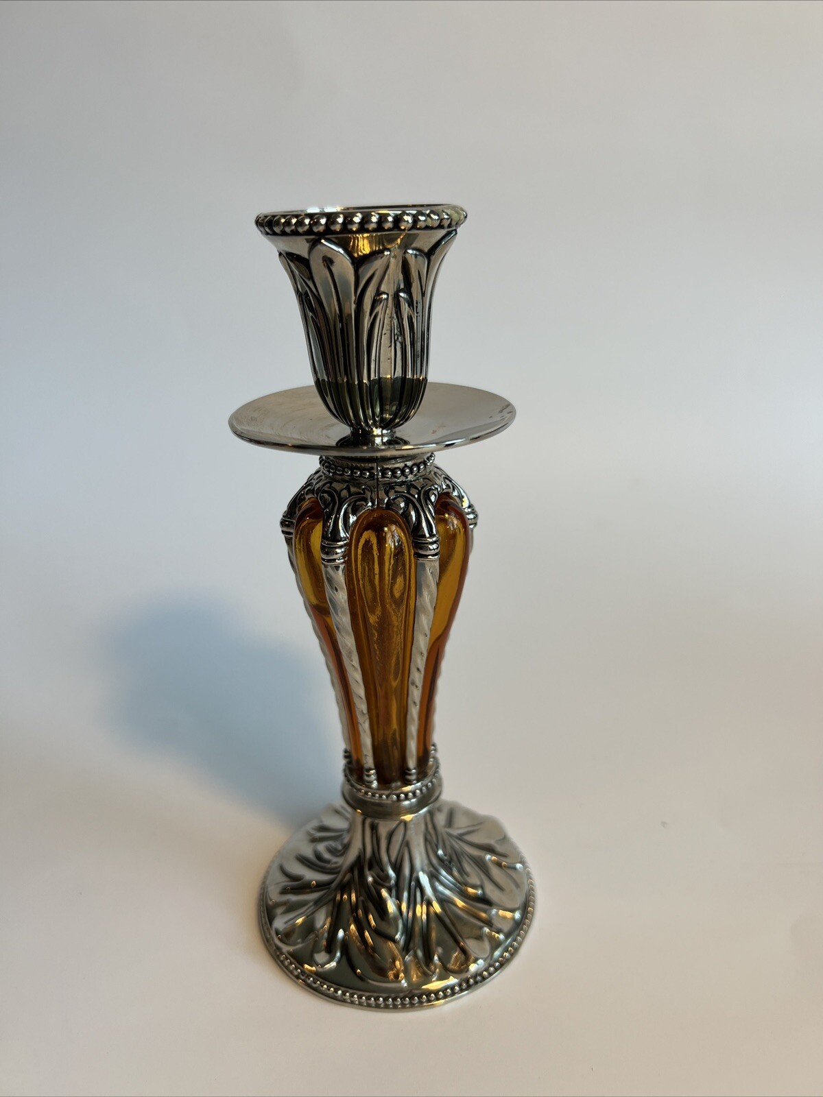 Baroque Style Amber and Silver Tone Candlestick Taper Glass Biedermann & Sons