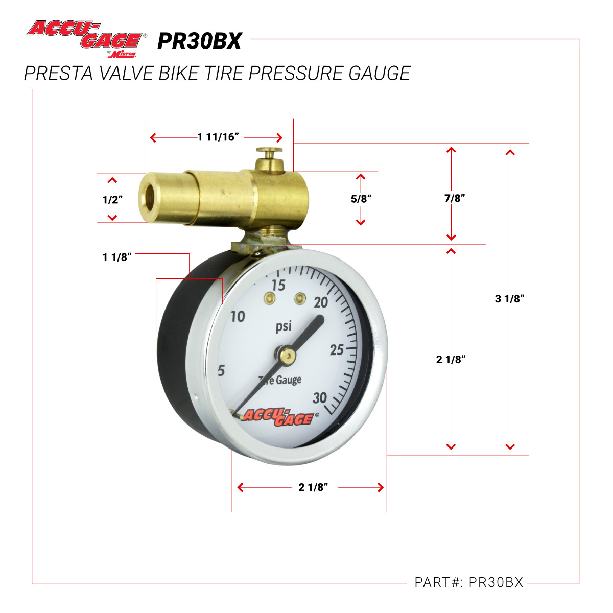 Accu-Gage® by Milton® Presta Valve Bike Tire Pressure Gauge with