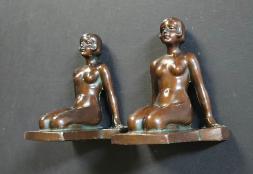 RARE ORIGINAL C1920s DECO NUART FRANKART NUDE FLAPPER MODEL DARK BRONZE BOOKENDS - Picture 5 of 15