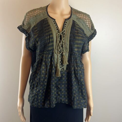 New Free People Navy and Olive Green Lace-Up Blouse XS - Picture 1 of 5