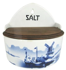 Vintage Delft Blue & White Wall Hanging Salt Box Czechoslovakia Windmill Boats