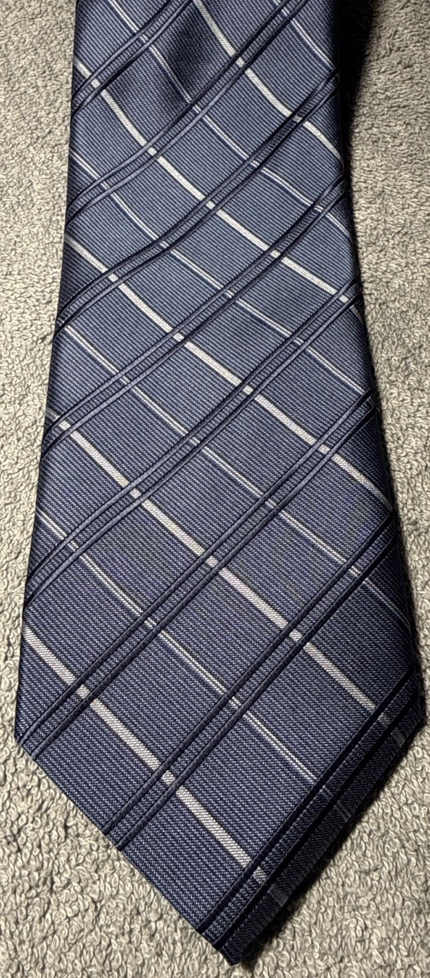 Stafford Essentials Men's Tie Blue Grey Plaid Checkered Geometric Silk Blend thumbnail 2