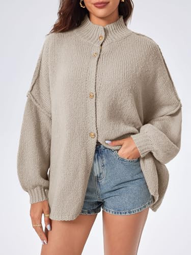 Womens Oversized Cardigans Long Lantern Sleeve Button Down Chunky Small Khaki - Picture 4 of 6