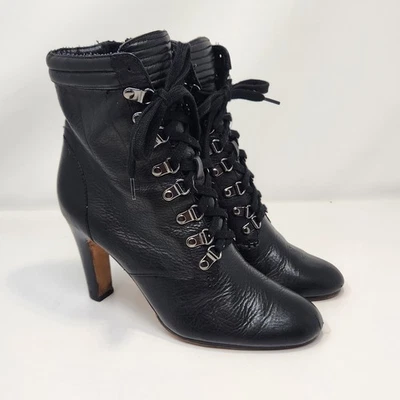 Halogen Black Leather Lace Up Heeled Ankle Boots Women Size 8M Zipper Goth Punk - Image 1 of 4