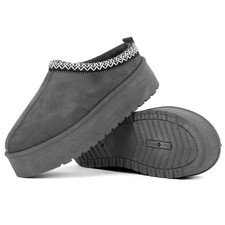 LADIES WOMENS WARM FUR GREY WINTER IN OUT DOOR PLATFORM SLIPPERS MULES CHUNKY