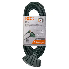 12 Ft. 16/3 Light Duty Indoor/Outdoor Extension Cord with Multiple Outlet Triple