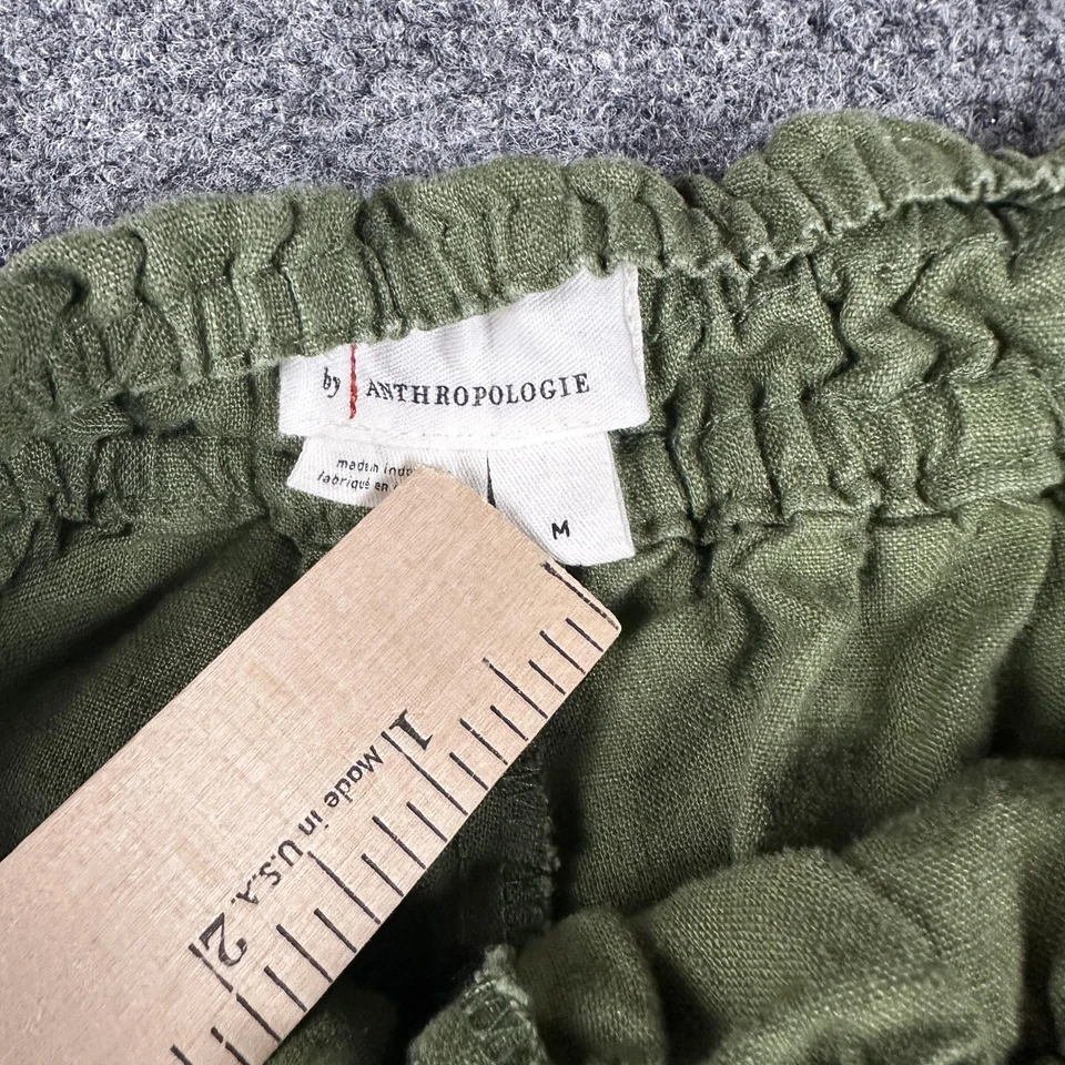 Pantalones Cortos Anthropologie Mujer Medianos Verde Lino Cintura Elástica Informales Calce Relajado Foto 4 de 4