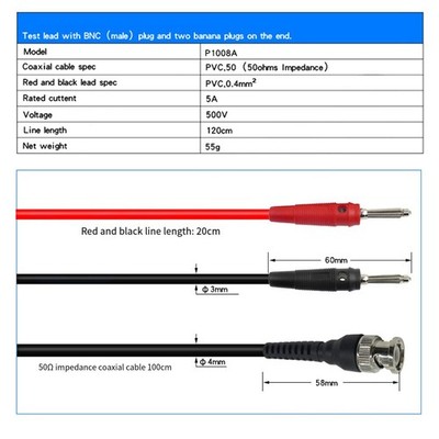 Dual Banana Connector BNC Test Leads 120cm for Oscilloscope Connection