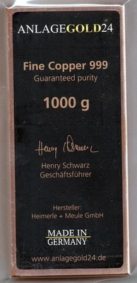 1.000 g Kupferbarren Heimerle & Meule 1kg Feinkupfer "AnlageGold24" überall ausv - Bild 1 von 4