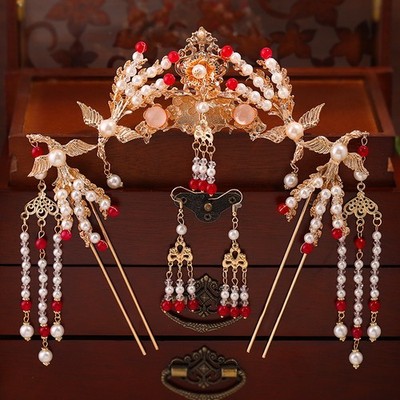 Chinese Hanfu Phoenix Hair Crown Hairpin Tassel Headpiece Bridal Hair Accessory