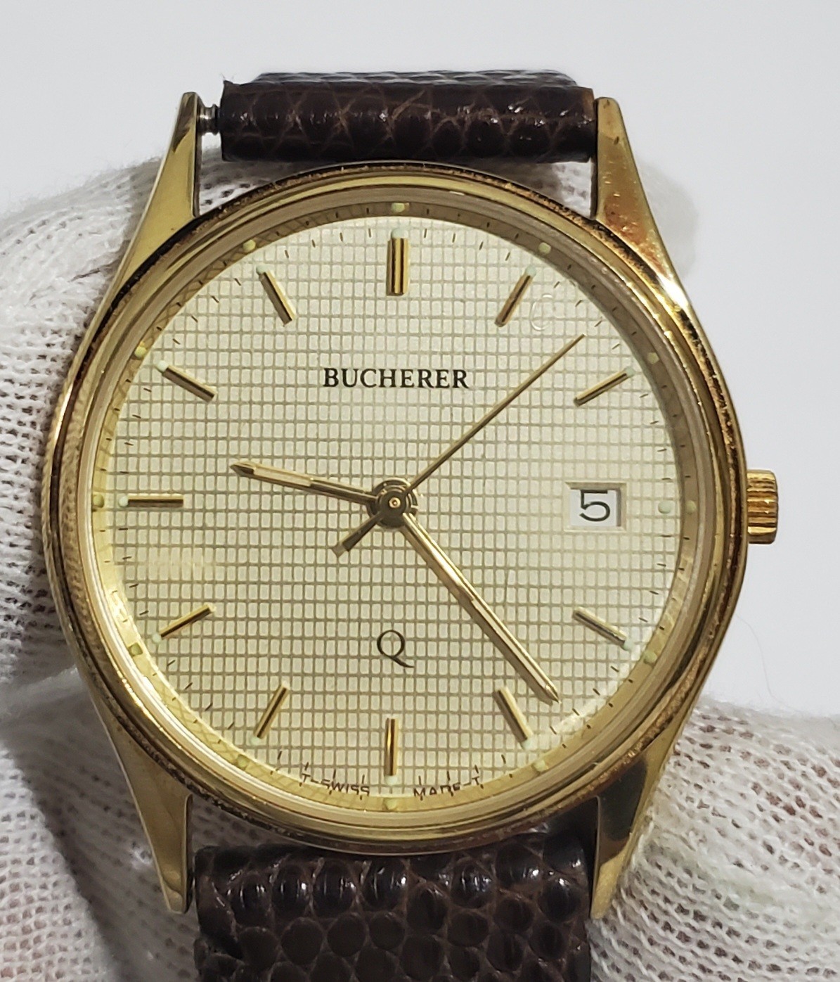Bucherer Quartz Swiss Brown Leather Men's Vintage Wristwatch