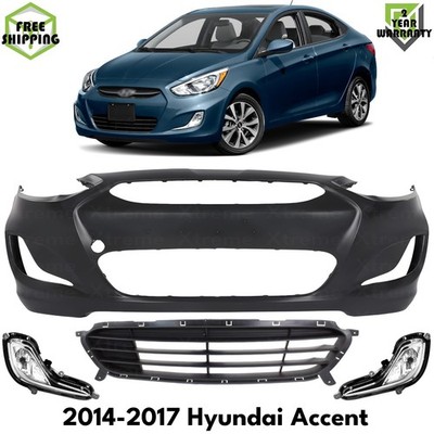 Front Bumper Cover Primed Plastic & Fog Lights Kit For 2014-2017 Hyundai Accent