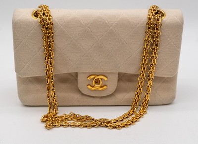 Chanel Timeless Classic Double Flap Handbag in Beige Jersey Cloth