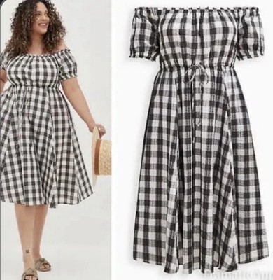Torrid Midi Dress 0/XL/12 Gingham On Off-Shoulder Pockets Peasant Gray White