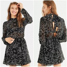 UO Urban Outfitters Black sheer mock necktie mini dress long sleeves | medium