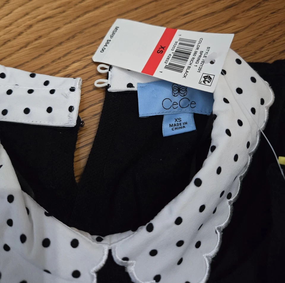 全新带标签 CECE 女式黑色毛衣 Wt Poka Dot Peter Pan 领 XS 码 — 第 3/3 张图片