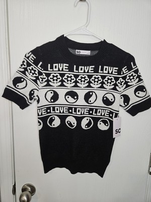  Black White LOVE Yin Yang Sweater Top Girls Medium Junior Short Sleeves Pattern