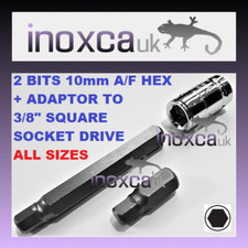 Image of 2 HEX BITS 10mm HEX 30mm + 75mm LONG + ADAPTER 3/8" SQ SOCKET 4,5,6,7,8,10 ,12mm