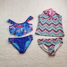 2pc LOT Swimsuit Bikini Floral 7-8 Tankini Lands End Chevron 8 Beach Vacation