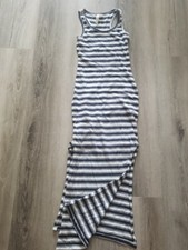 Women sz S navy blue striped maxi bodycon side slit scoop neck sailor tank dress
