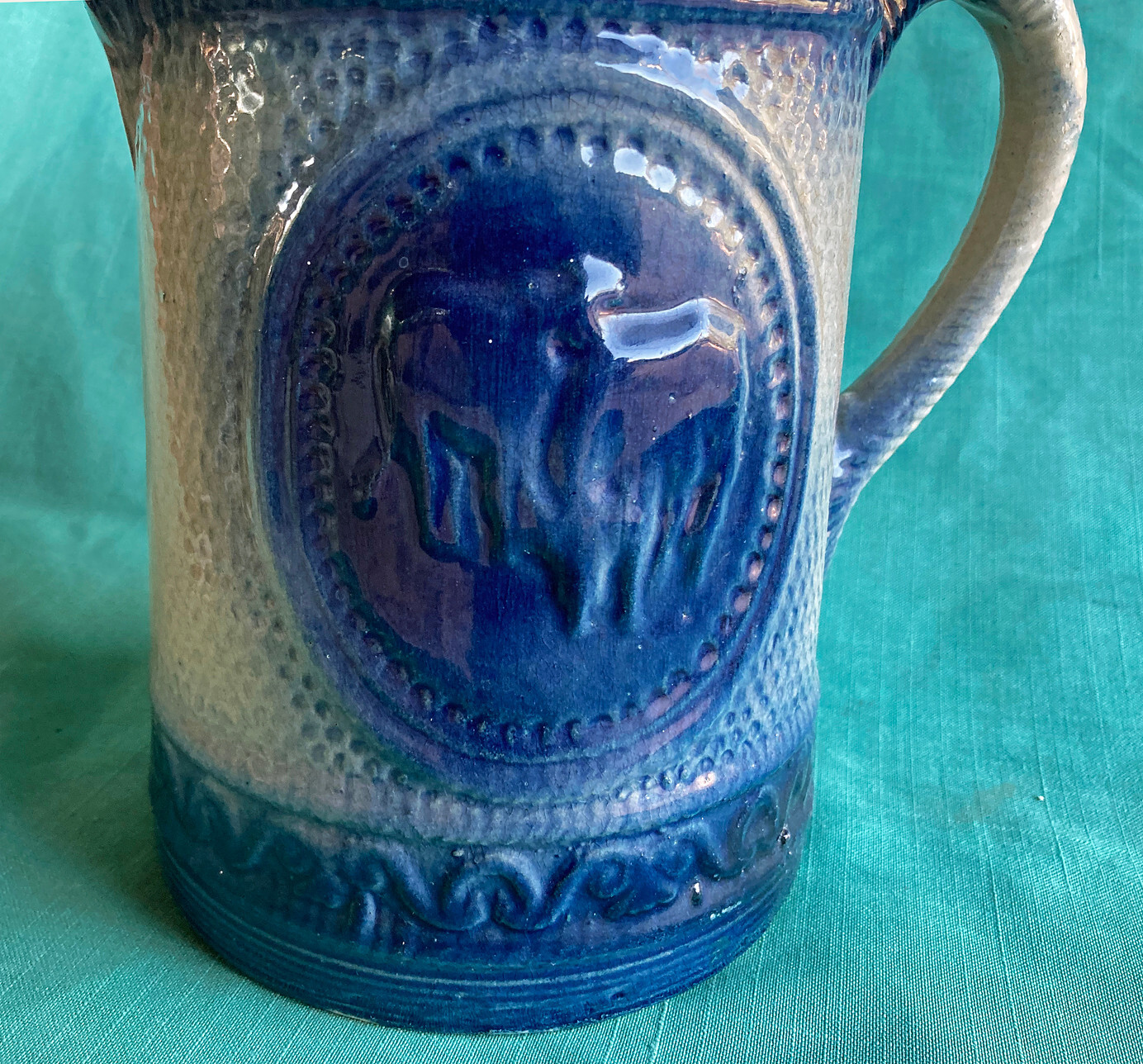 Vintage Clay City Indiana Blue White Stoneware Pitcher 8" Antique