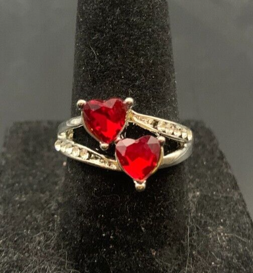 Vintage Antique Silver Tone Rhinestone Heart Ring - Size 7