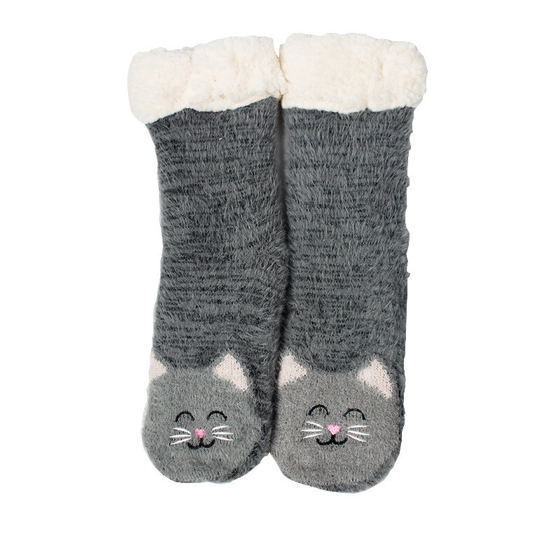 Women Cute Cat Slipper Socks Winter Fluffy Warm Thermal Bed Socks Xmas