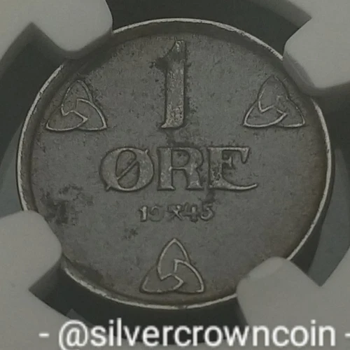 Norway 1 Ore 1945. KM#387. Iron One Cent coin. Haakon VII. WWll. NGC MS61. RARE.