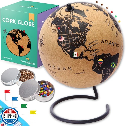 Cork Globe 9.9" World Travel Map with Metallic, Colored and Country Push Pins