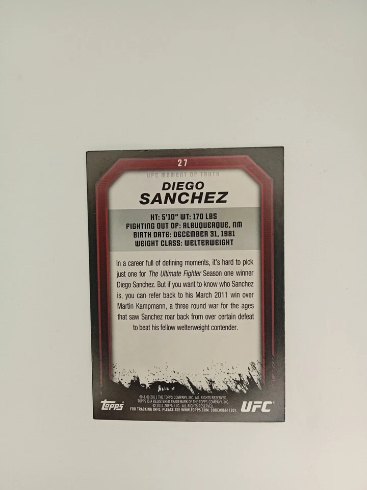 2011 Topps UFC Moment of Truth White Diego Sanchez Autographed Card #27 - Image 2 of 2