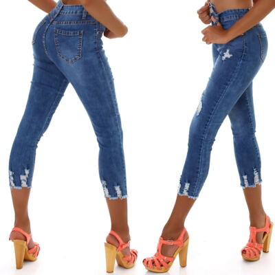 Damen High-Waist Capri-Jeans Skinny Stretch Destroyed Slim Sexy Bodycon 7/8